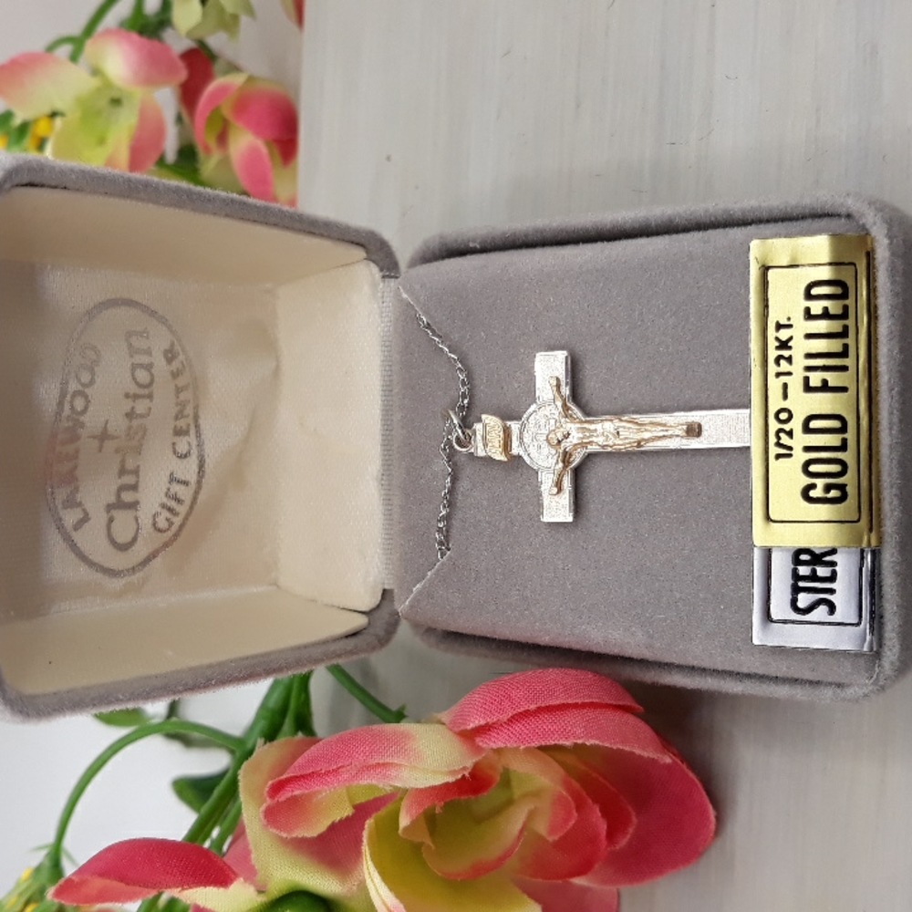 Benedict Crucifix Cross Necklace Two Sided Gold and Silver
